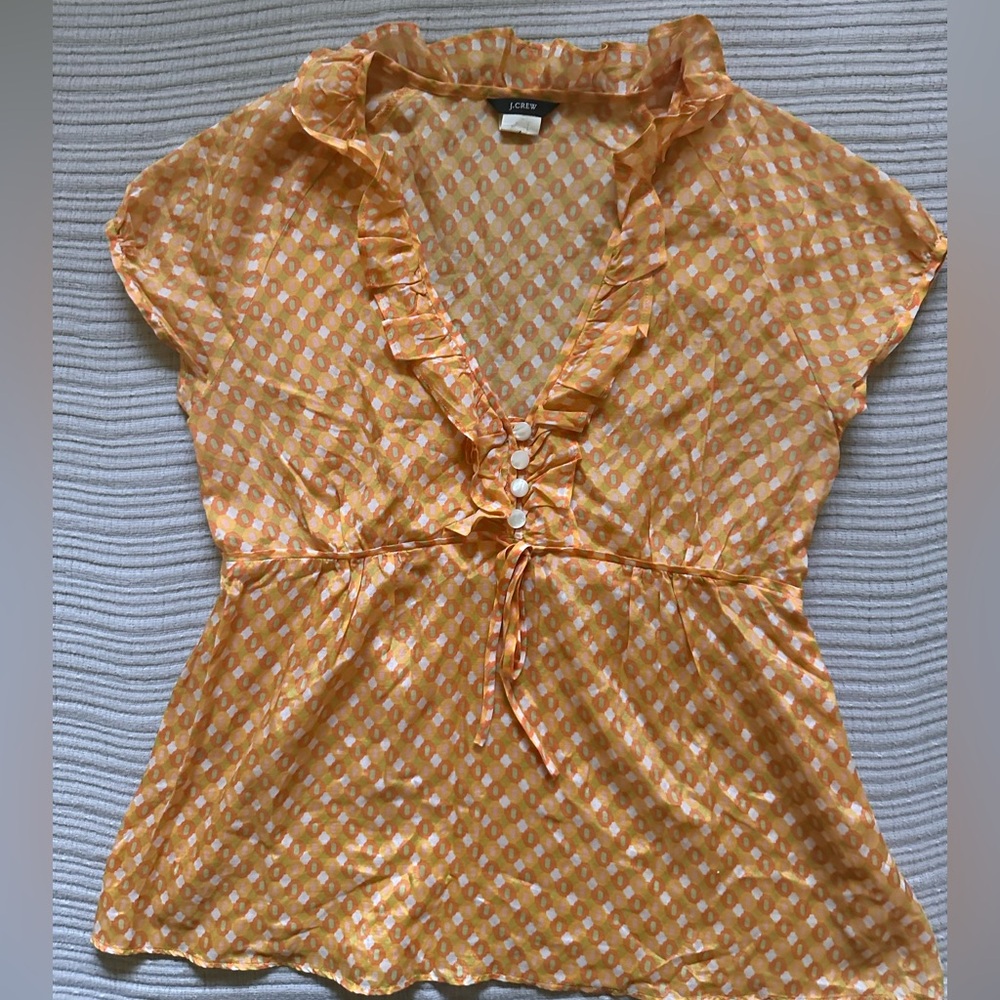 J. Crew Orange / Tan Cap Sleeve Ruffled Blouse - cotton and silk